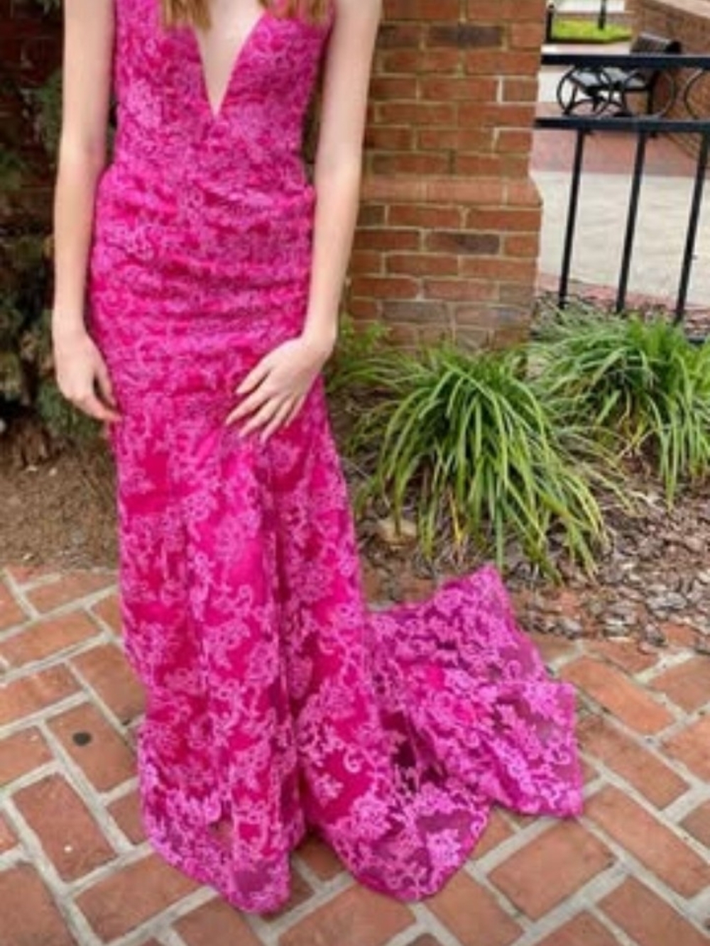 Fuchsia Lace V-Neck Prom Dress with Train